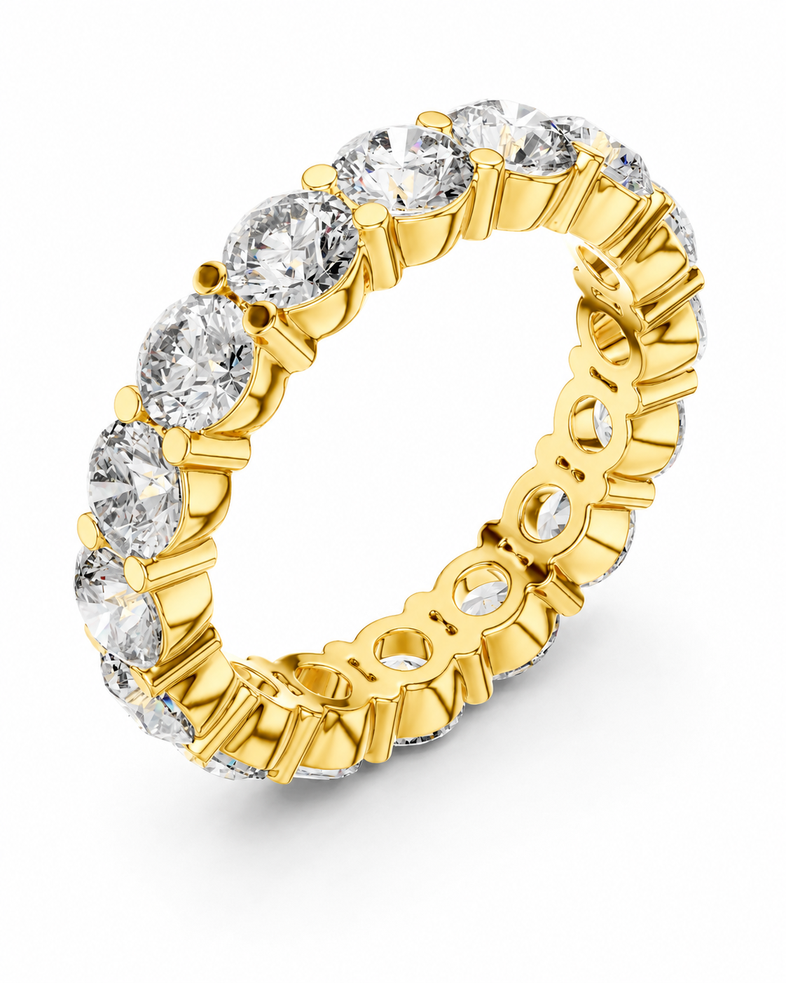 color_10K_YG, color_14K_YG &&	
A yellow gold eternity ring featuring a continuous row of round-cut clear gemstones in a prong setting, shown on a clean white background.