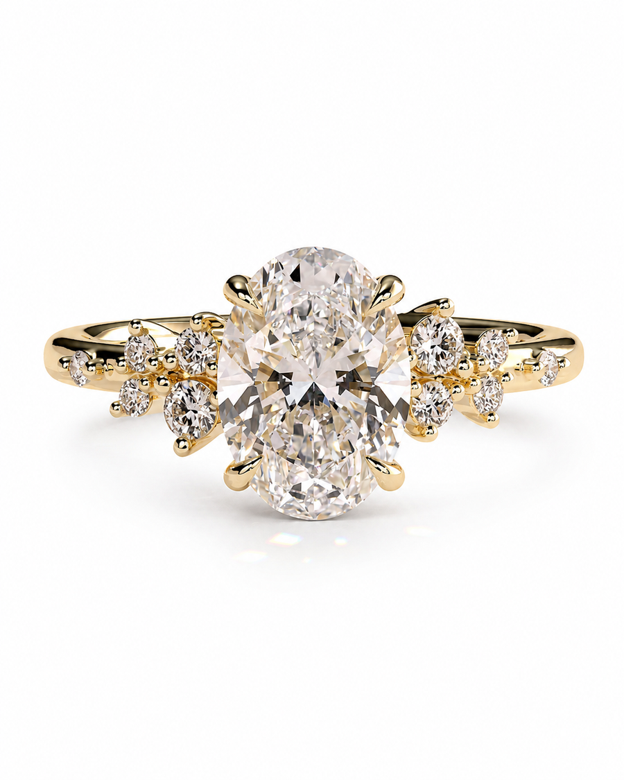 color_10K_YG, color_14K_YG &&Oval moissanite cluster engagement ring showing detailed gallery profile
