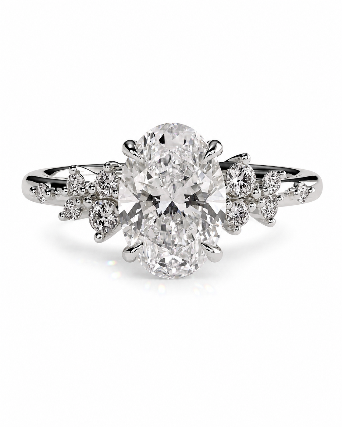 color_925_SIL,color_935_ARG,color_10K_WG, color_14K_WG &&An oval-cut diamond engagement ring in a rose gold setting, featuring smaller diamond accents along the shoulders of the band, set against a clean white background.