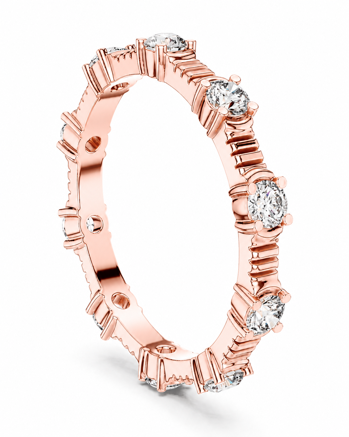 color_10K_RG, color_14K_RG &&	A rose gold eternity ring featuring round brilliant-cut diamonds set in a continuous band, shown on a clean white background.