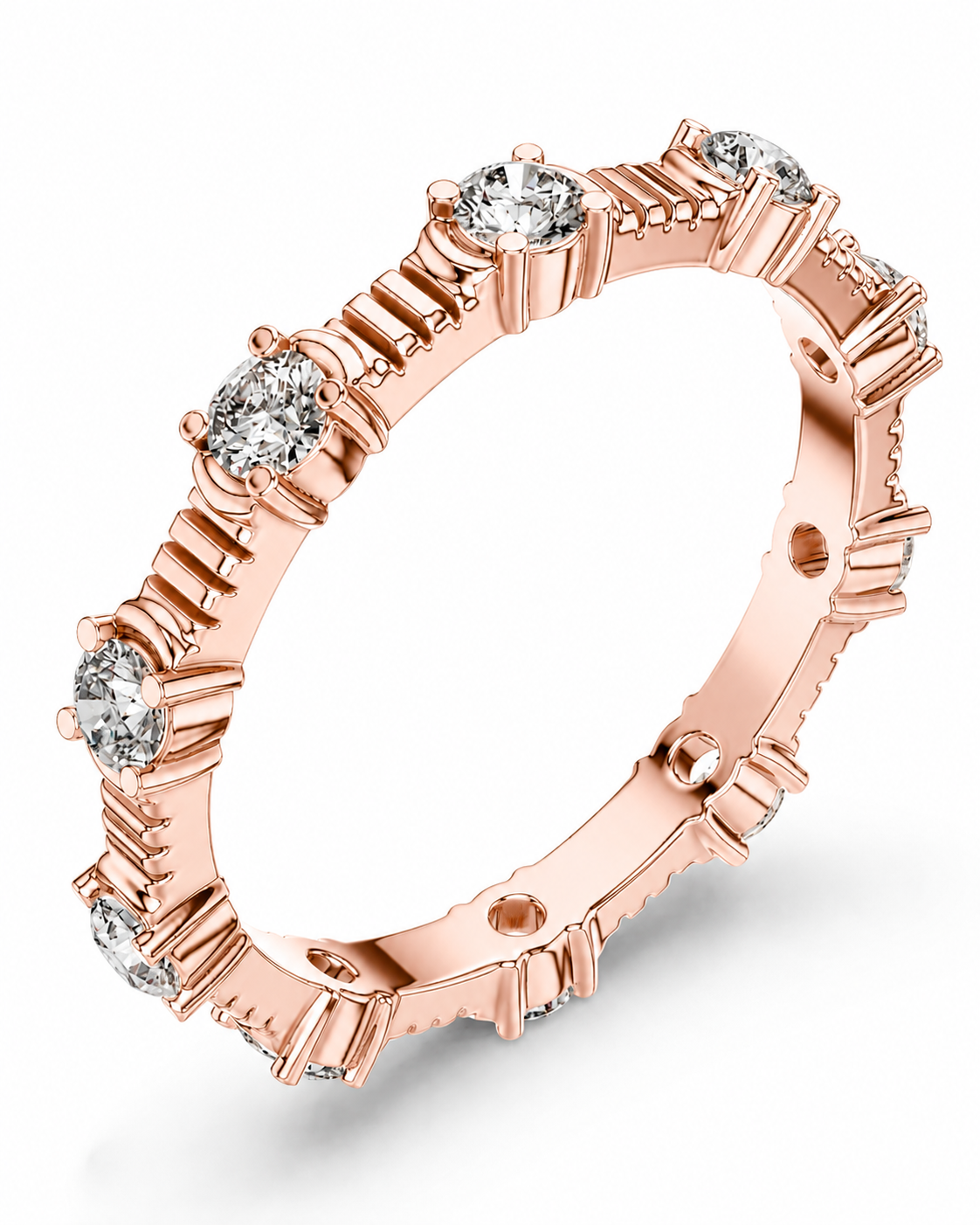 color_10K_RG, color_14K_RG &&	A rose gold eternity ring featuring a continuous channel setting of round-cut clear diamonds, shown on a clean white background.