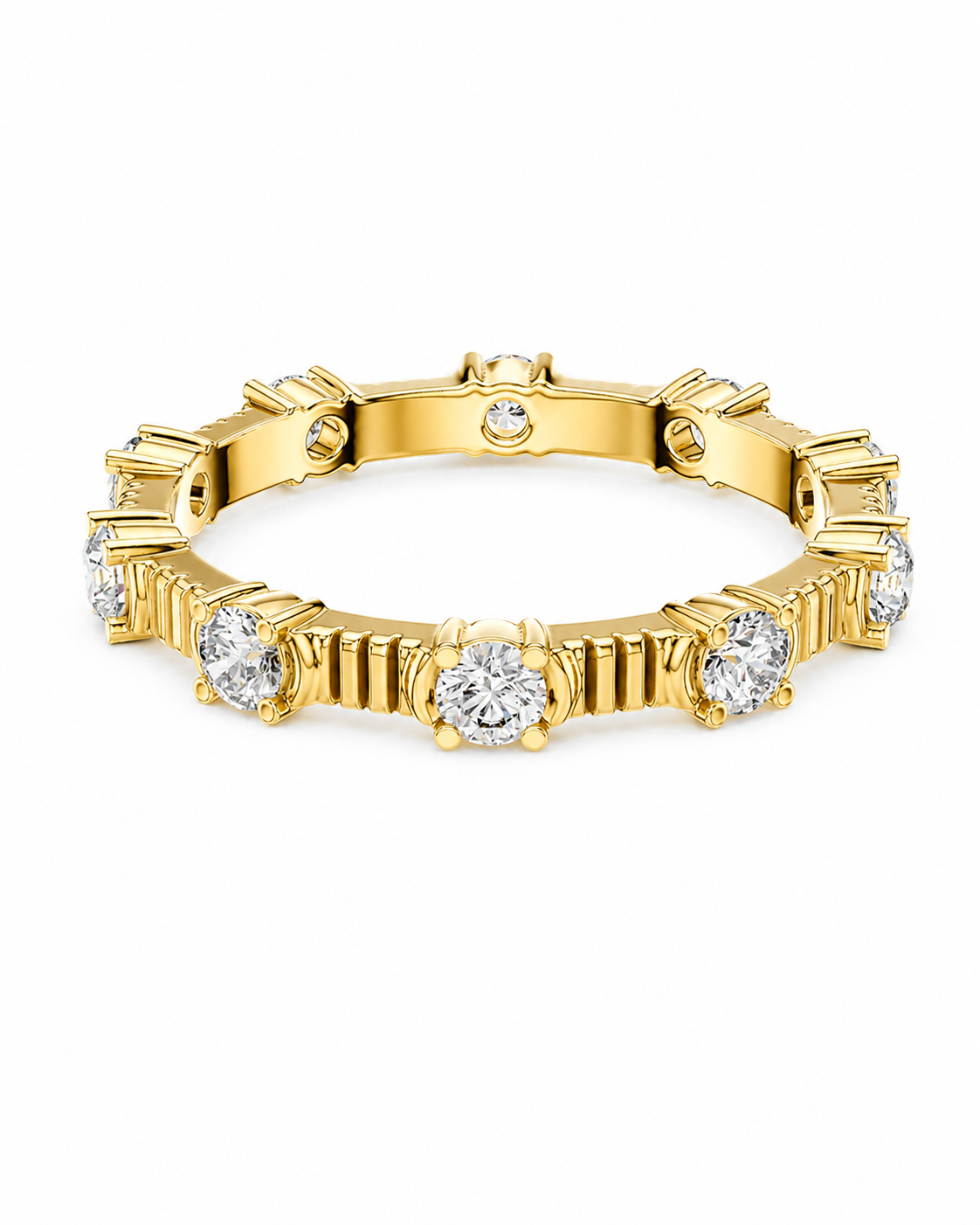color_10K_YG, color_14K_YG &&	
A yellow gold eternity-style ring featuring multiple round-cut clear gemstones set in a repeating pattern, shown on a plain white background.
