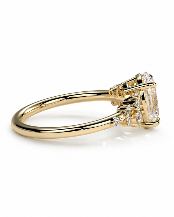 color_10K_YG, color_14K_YG &&Floral inspired oval moissanite engagement ring side angle
