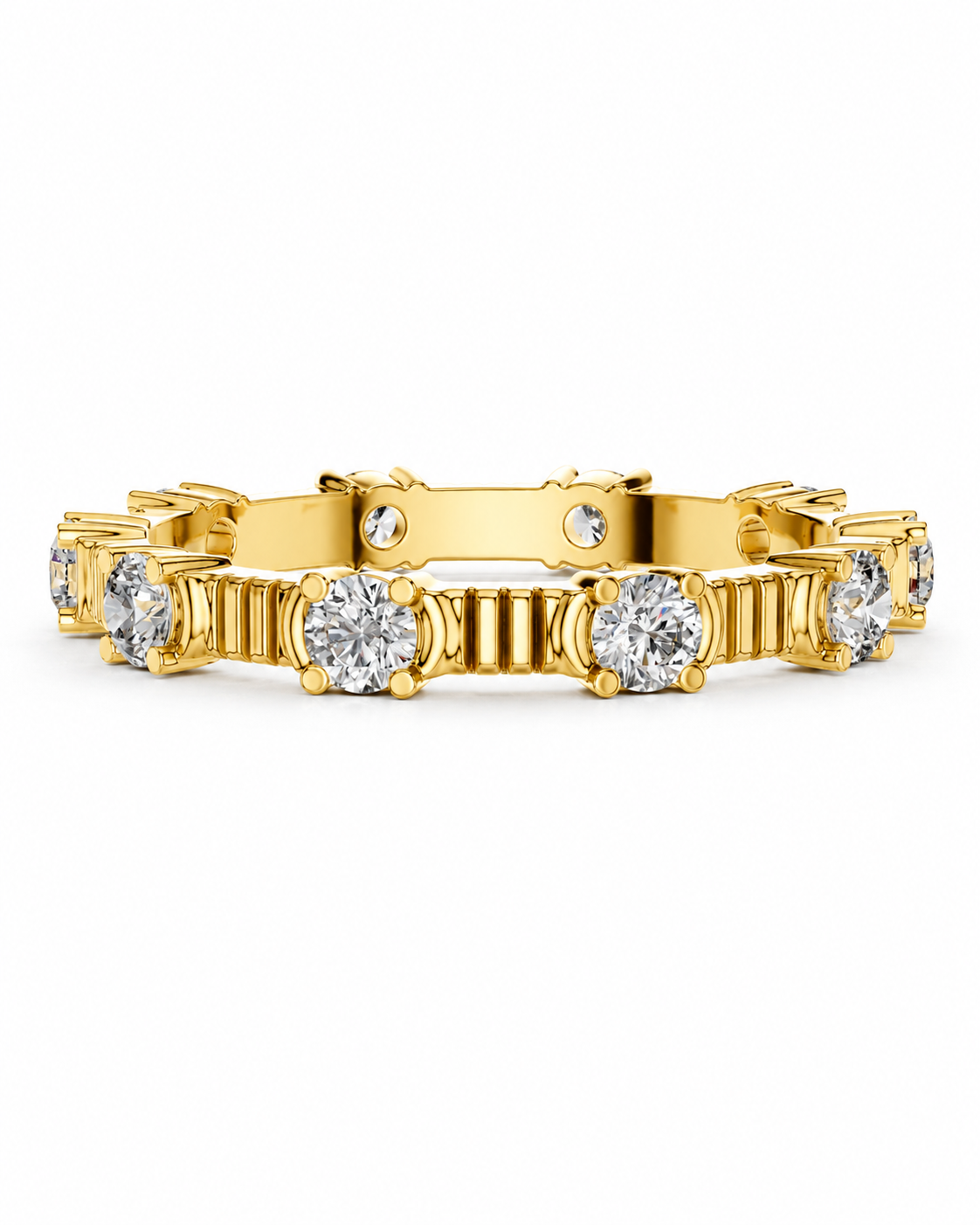 color_10K_YG, color_14K_YG &&	
A yellow gold eternity bracelet featuring round-cut clear gemstones in a prong setting, displayed against a solid white background.