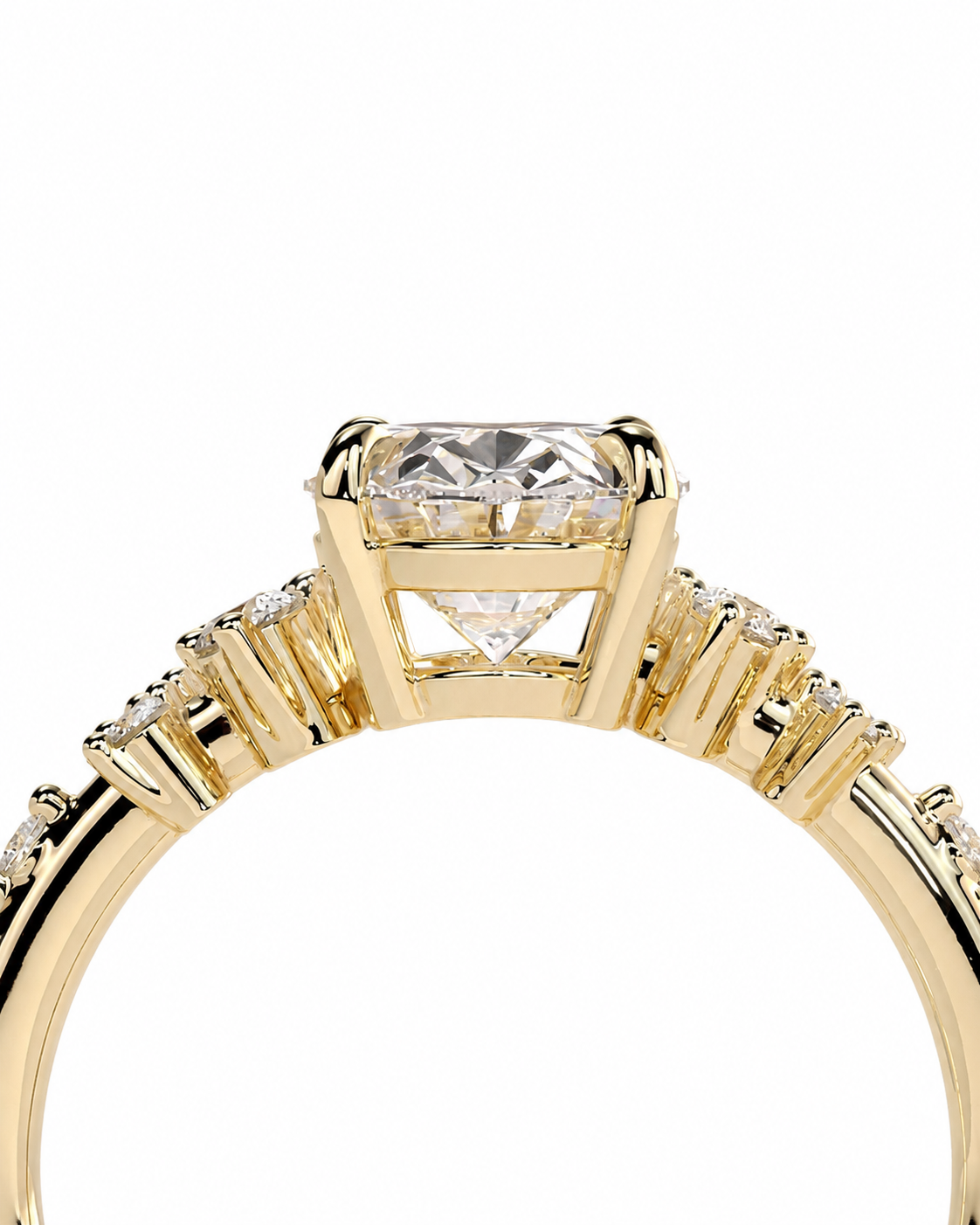 color_10K_YG, color_14K_YG &&Close-up of oval moissanite ring with nature-inspired side stone arrangement