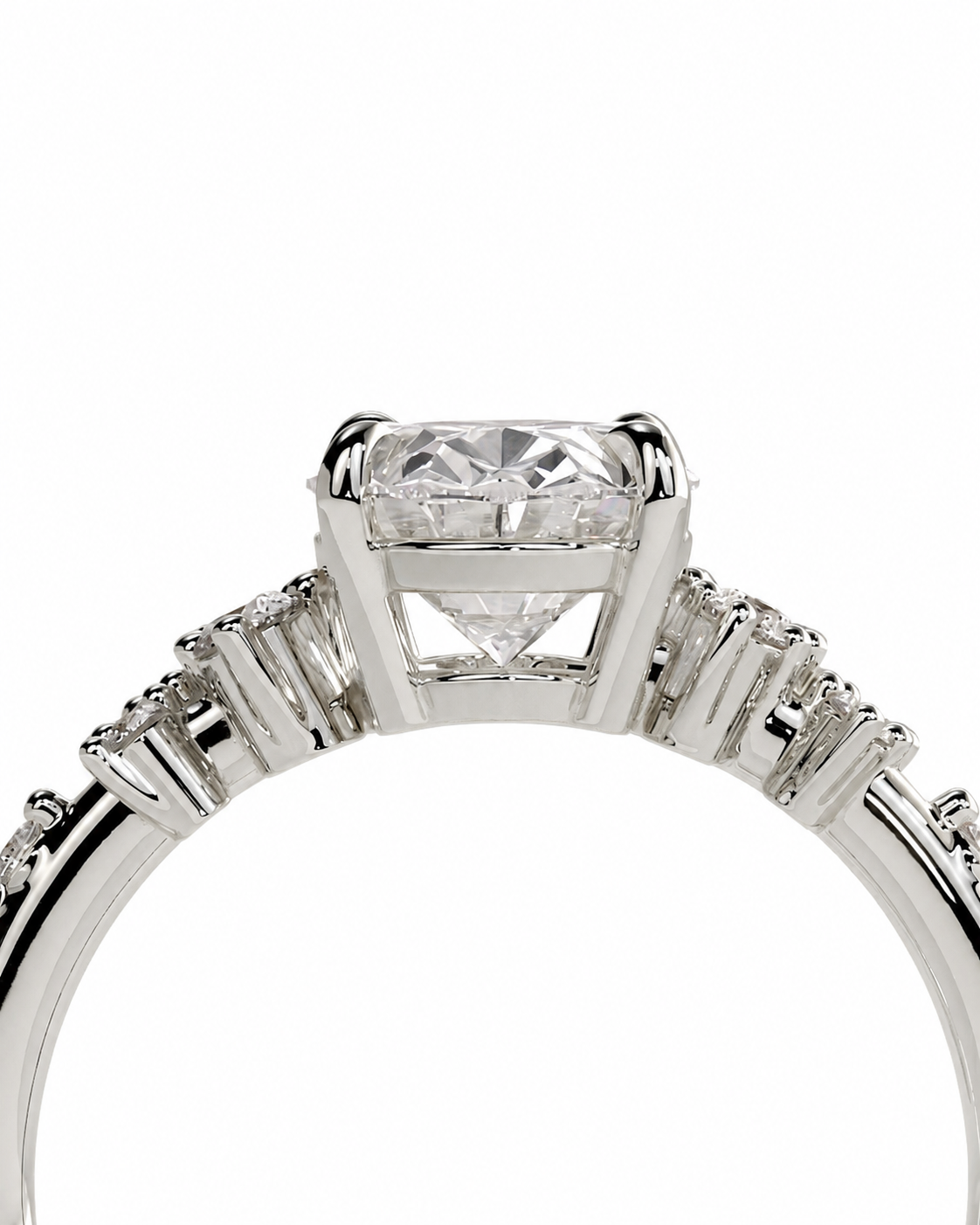 color_925_SIL,color_935_ARG,color_10K_WG, color_14K_WG &&A close-up studio shot of a silver-toned diamond ring featuring a large square-cut center stone and smaller side stones on a plain white background.