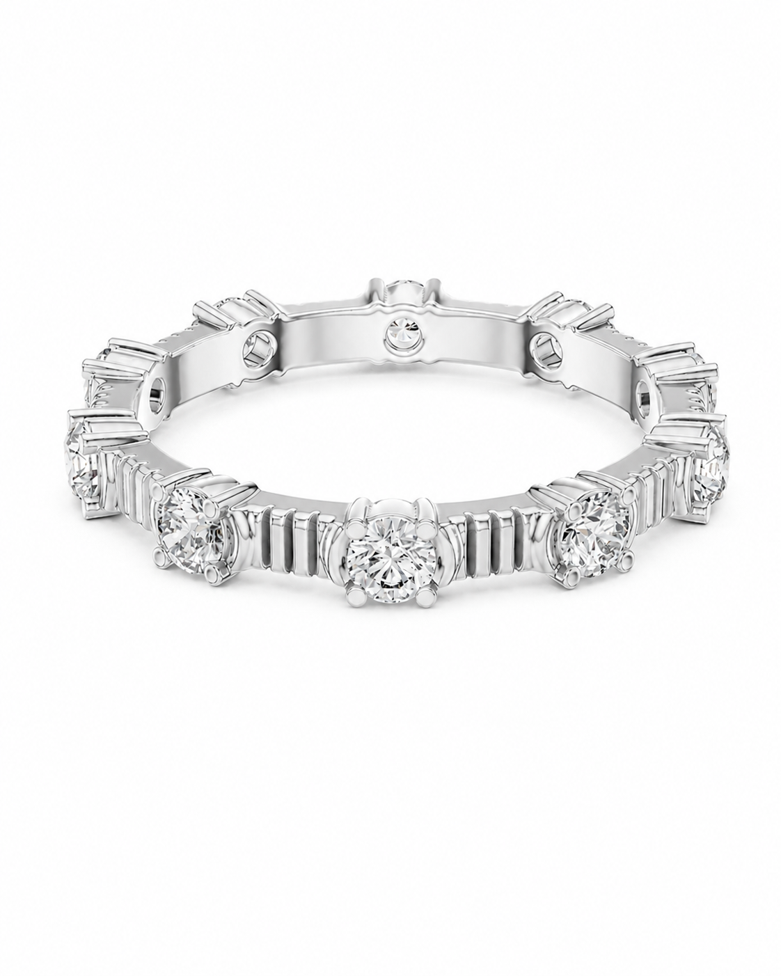 color_925_SIL,color_935_ARG,color_10K_WG, color_14K_WG &&	
A silver-toned diamond eternity ring featuring round brilliant-cut center stones and baguette side stones, displayed on a clean white background.
