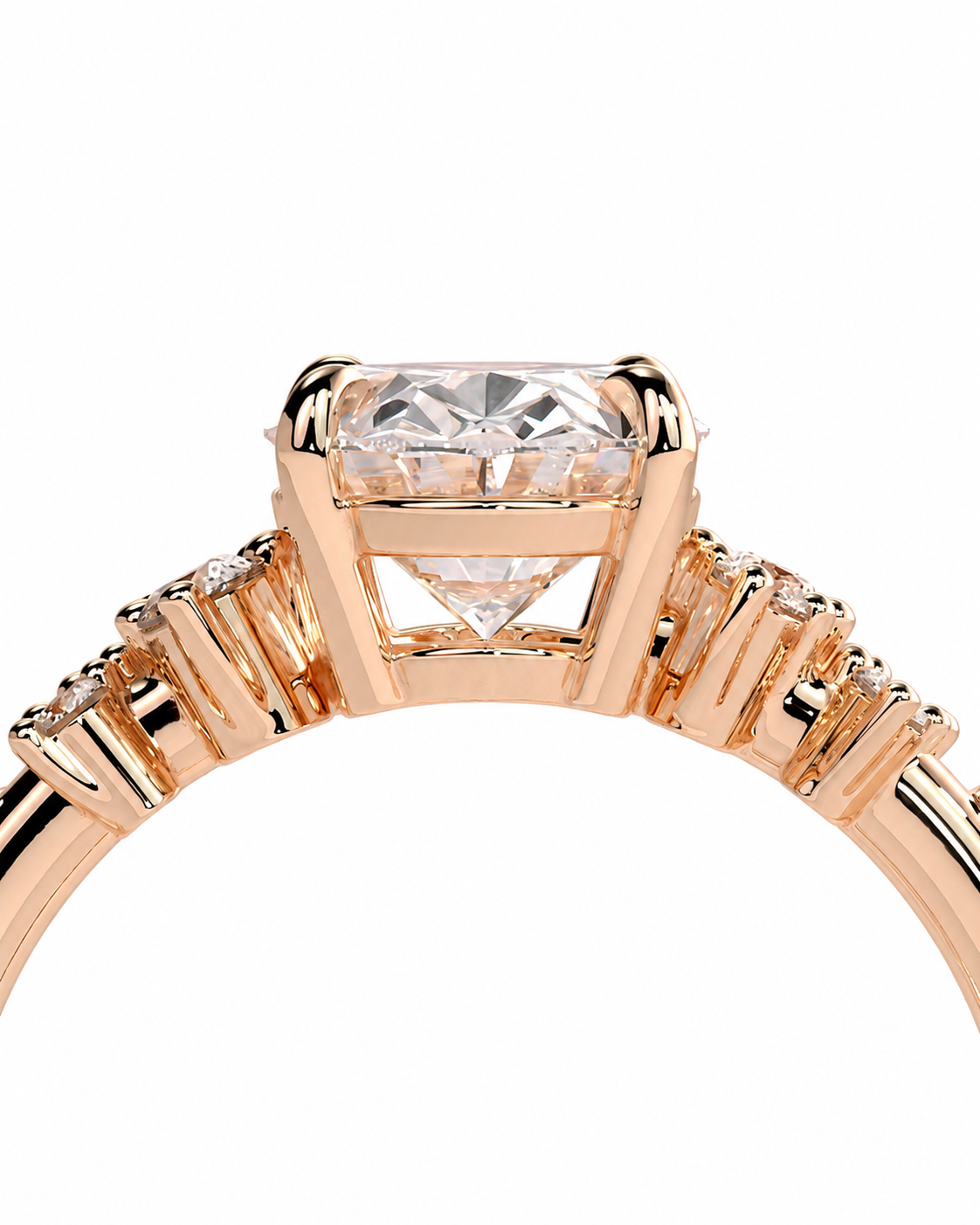 color_10K_RG, color_14K_RG &&Rose gold ring with a large rectangular clear gemstone in a prong setting, flanked by smaller side stones on a white background.
