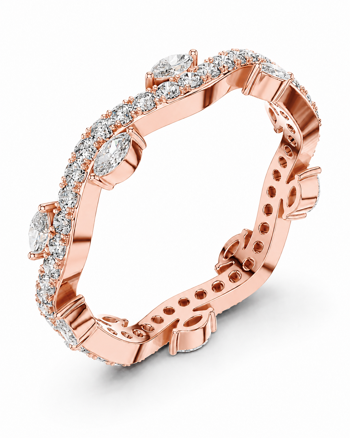 color_10K_RG, color_14K_RG &&	A rose gold eternity ring featuring a continuous channel and prong setting of round and marquise-cut clear gemstones, shown on a clean white background.