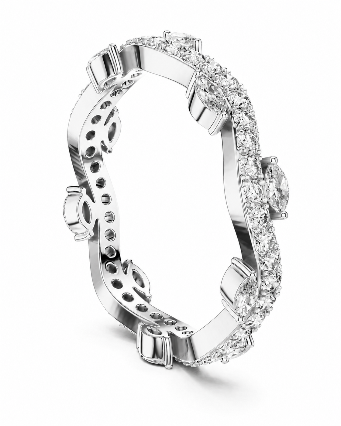 color_925_SIL,color_935_ARG,color_10K_WG, color_14K_WG &&	
A silver-toned diamond band ring with a curved, openwork design featuring pave-set diamonds and a single round-cut diamond accent, shown on a white background.
