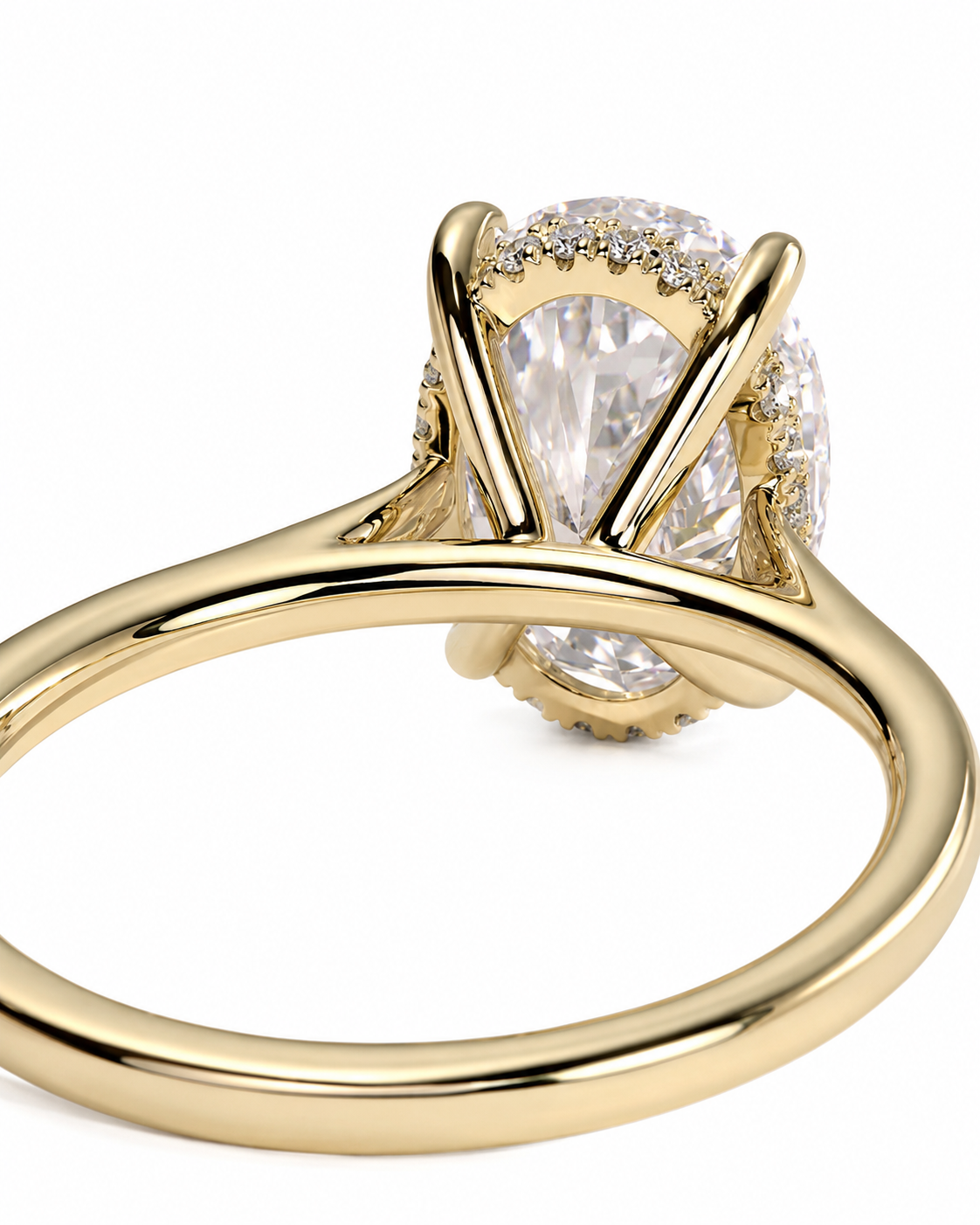 color_10K_YG, color_14K_YG &&Oval moissanite engagement ring showing delicate hidden halo details
