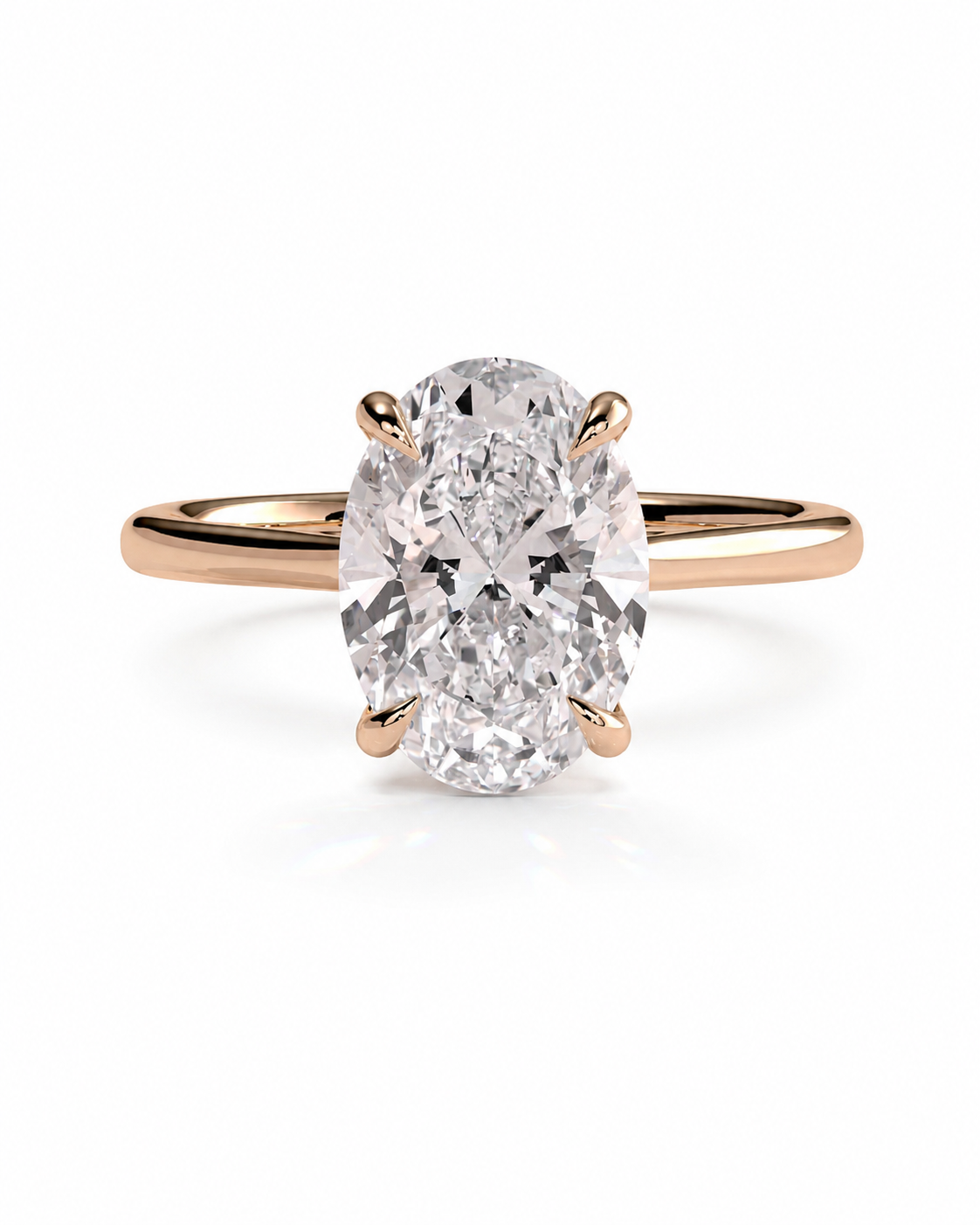 color_10K_RG, color_14K_RG &&An oval-cut diamond engagement ring with a rose gold band, set against a clean white background.
