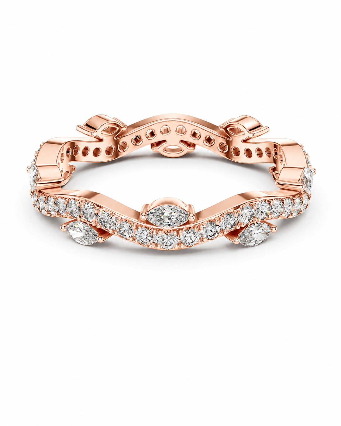 color_10K_RG, color_14K_RG &&	A rose gold eternity band ring featuring pave-set round diamonds and marquise-cut diamonds, displayed on a clean white background.