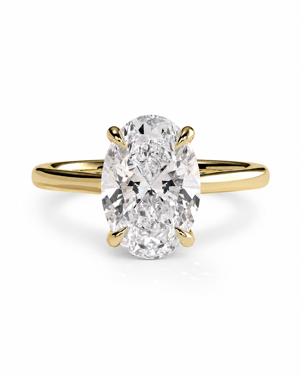 color_10K_YG, color_14K_YG &&Oval moissanite engagement ring with hidden halo front view
