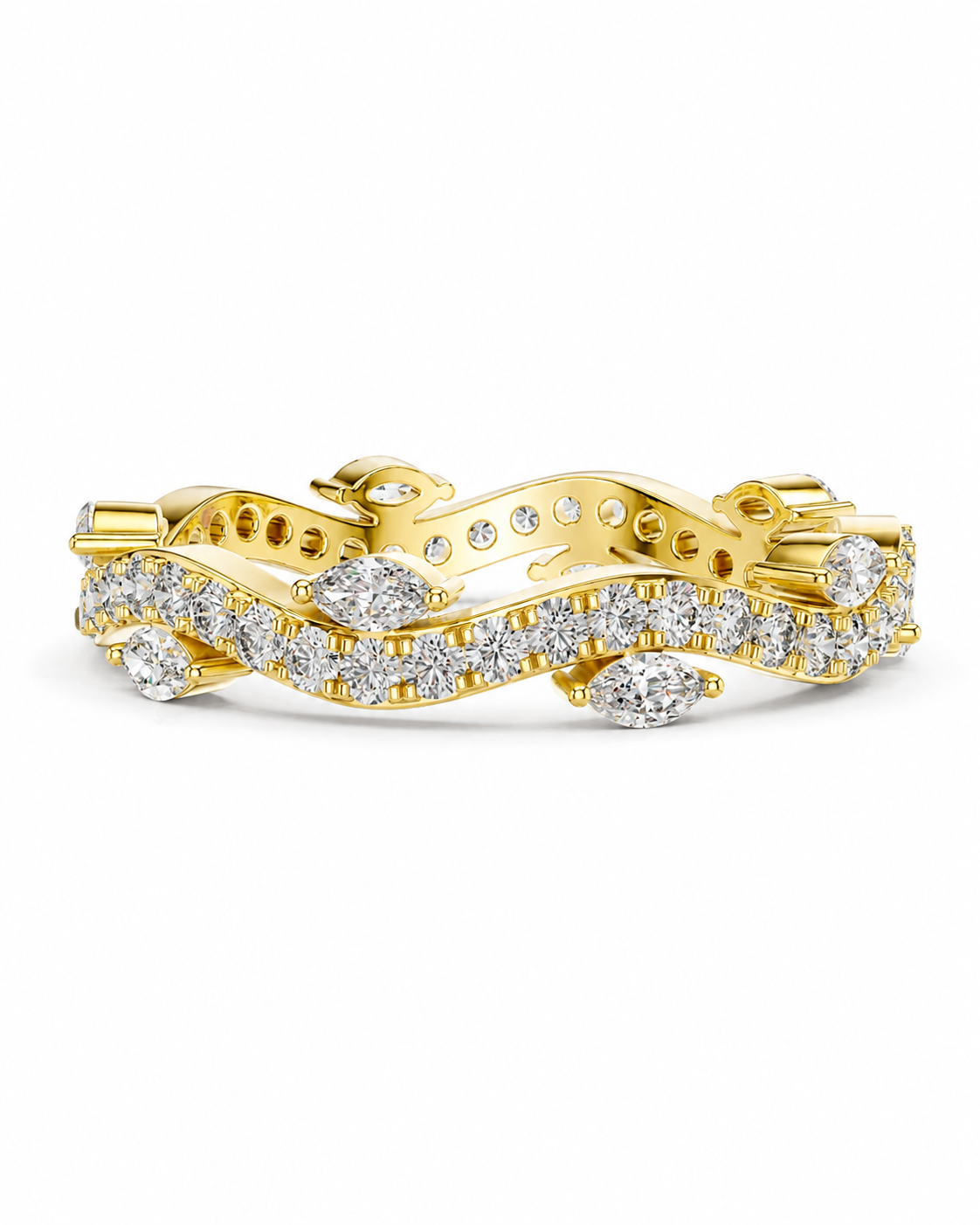 color_10K_YG, color_14K_YG &&	
A yellow gold eternity-style ring featuring multiple channels of pave-set round and marquise-cut diamonds, photographed on a clean white background.