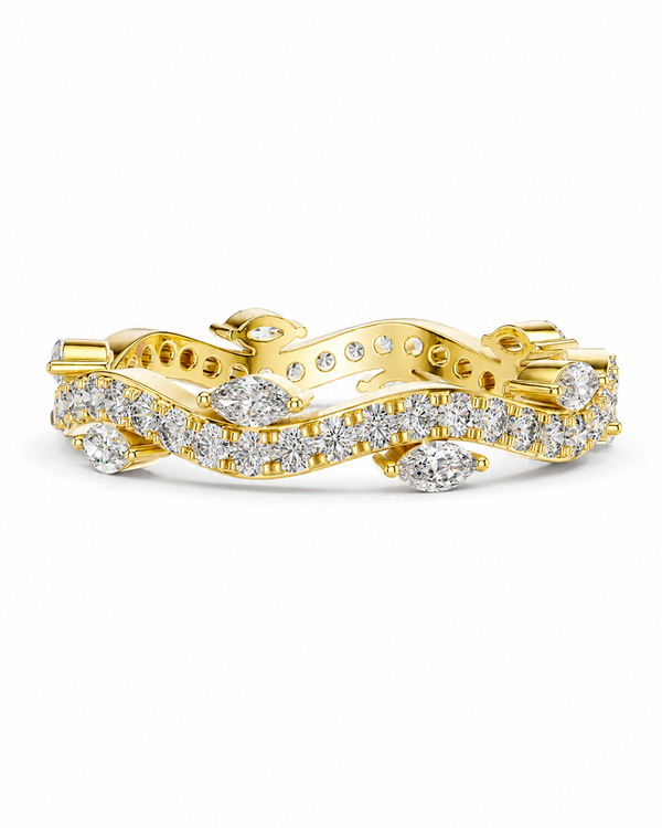 color_10K_YG, color_14K_YG &&	
A yellow gold eternity-style ring featuring multiple channels of pave-set round and marquise-cut diamonds, photographed on a clean white background.