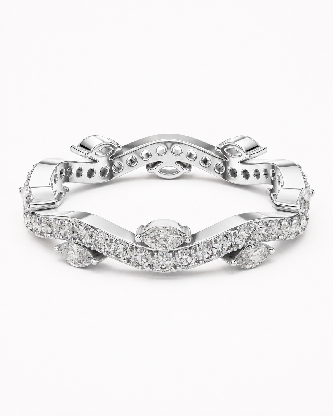 color_925_SIL,color_935_ARG,color_10K_WG, color_14K_WG &&	
A silver-toned diamond bracelet featuring a wavy, intertwined chain design with pave-set clear stones and marquise-cut center stones, photographed on a clean white background.