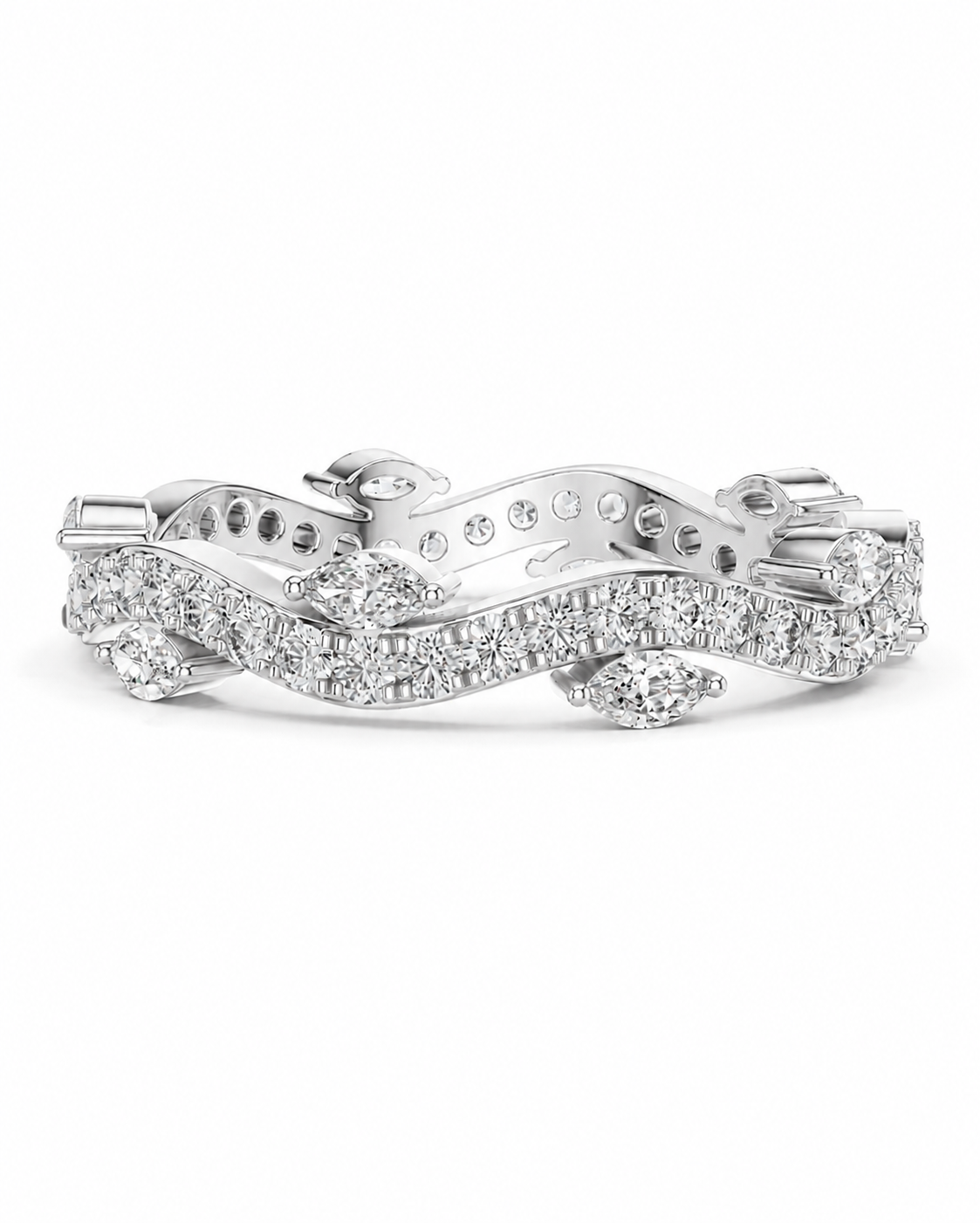 color_925_SIL,color_935_ARG,color_10K_WG, color_14K_WG &&	
A silver-toned diamond band ring featuring a wavy, layered design with pave-set round and marquise-cut diamonds, shown on a plain white background.