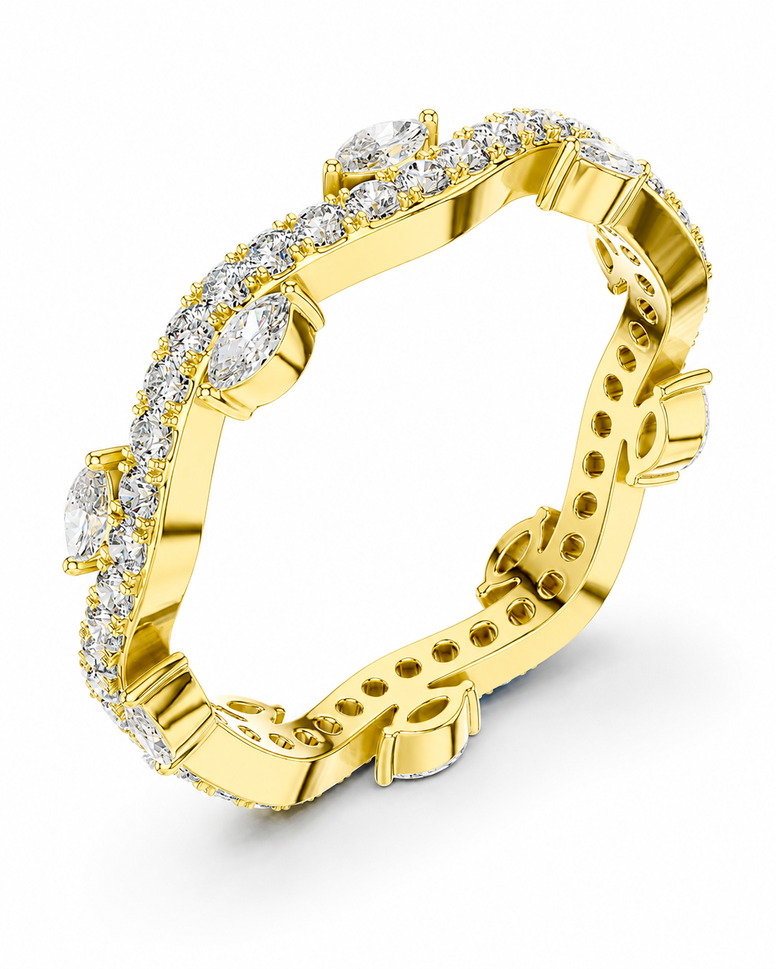 color_10K_YG, color_14K_YG &&	
A yellow gold eternity ring featuring a continuous channel setting of round and marquise-cut clear stones, with three larger round stones set in the front. The ring is photographed on a clean white background.
