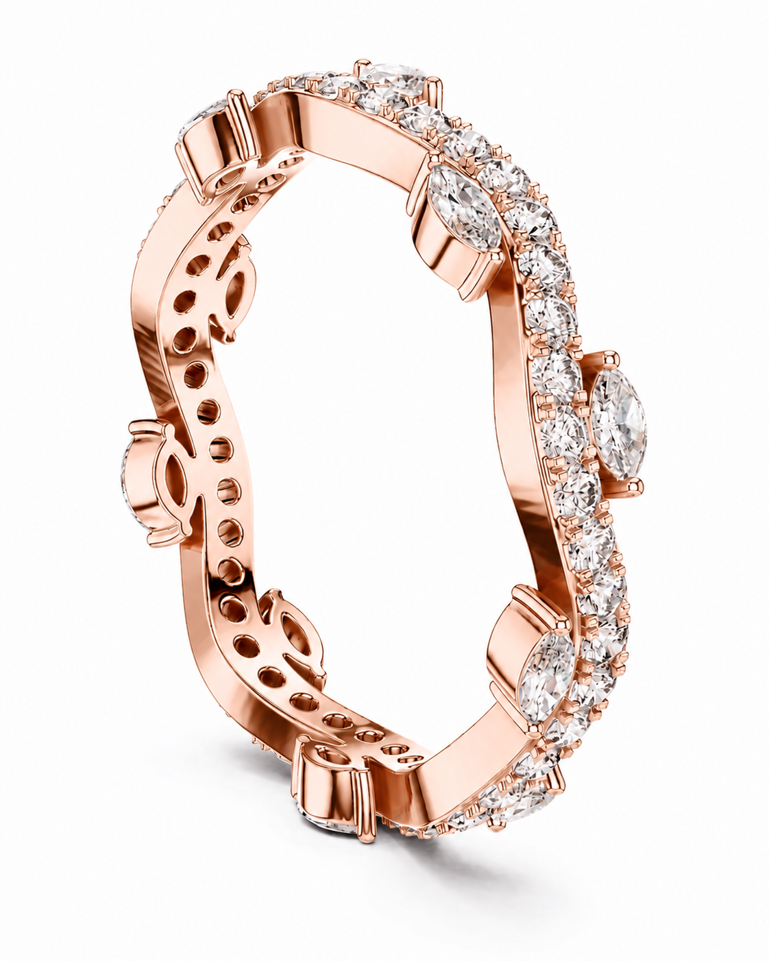 color_10K_RG, color_14K_RG &&	A rose gold eternity ring featuring a curved band paved with small round diamonds, accented by larger marquise-cut and oval diamonds, shown on a clean white background.
