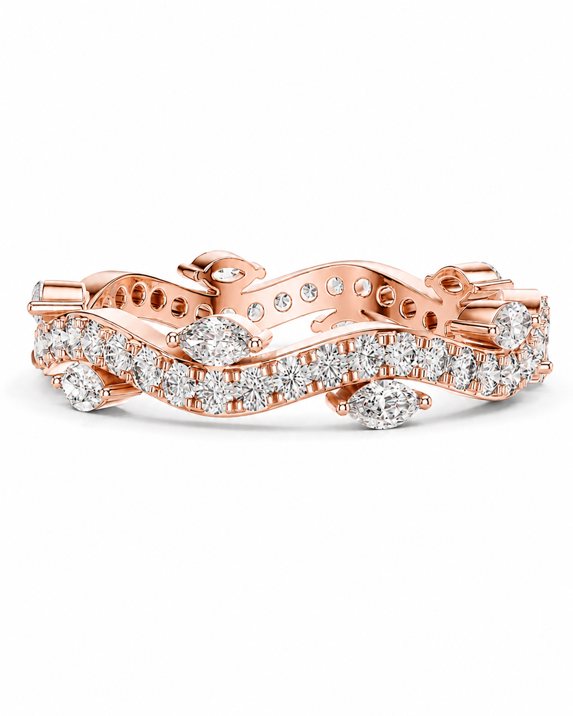 color_10K_RG, color_14K_RG &&	A rose gold eternity band featuring multiple channels of pave-set round and oval diamonds, photographed on a clean white background.