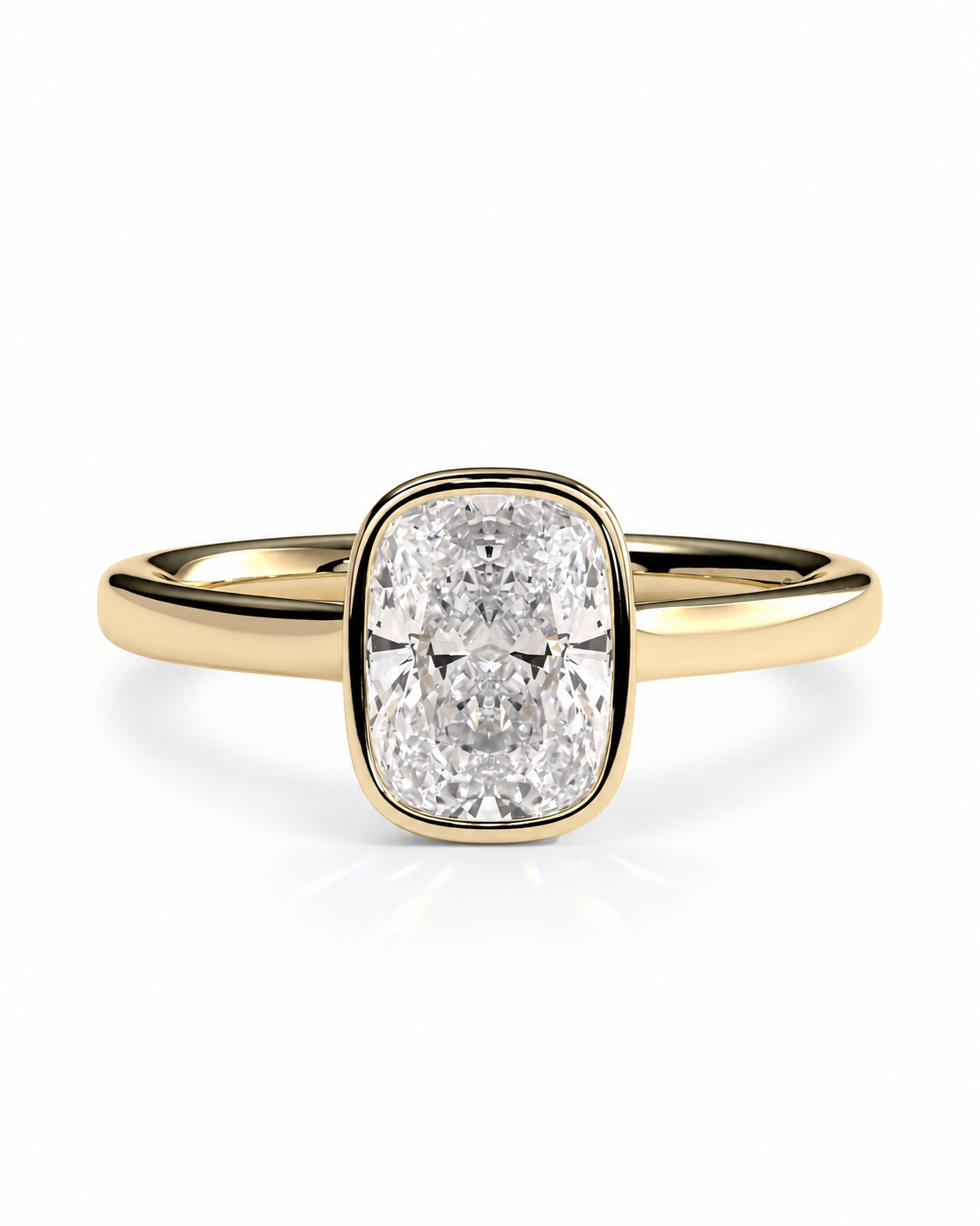 color_10K_YG, color_14K_YG &&Cushion moissanite bezel set engagement ring front view
