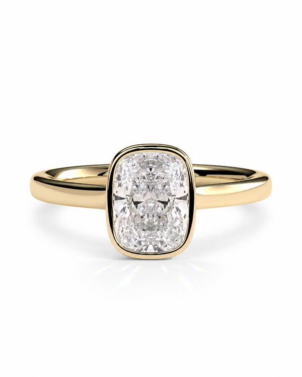 color_10K_YG, color_14K_YG &&Cushion moissanite bezel set engagement ring front view
