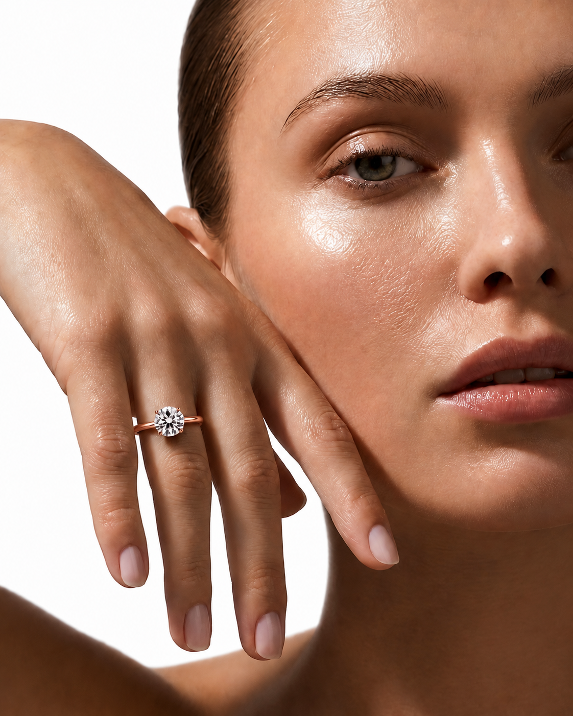 color_10K_RG, color_14K_RG &&A close-up lifestyle shot of a model wearing a rose gold ring with a round-cut clear gemstone on her finger, set against a clean white background.