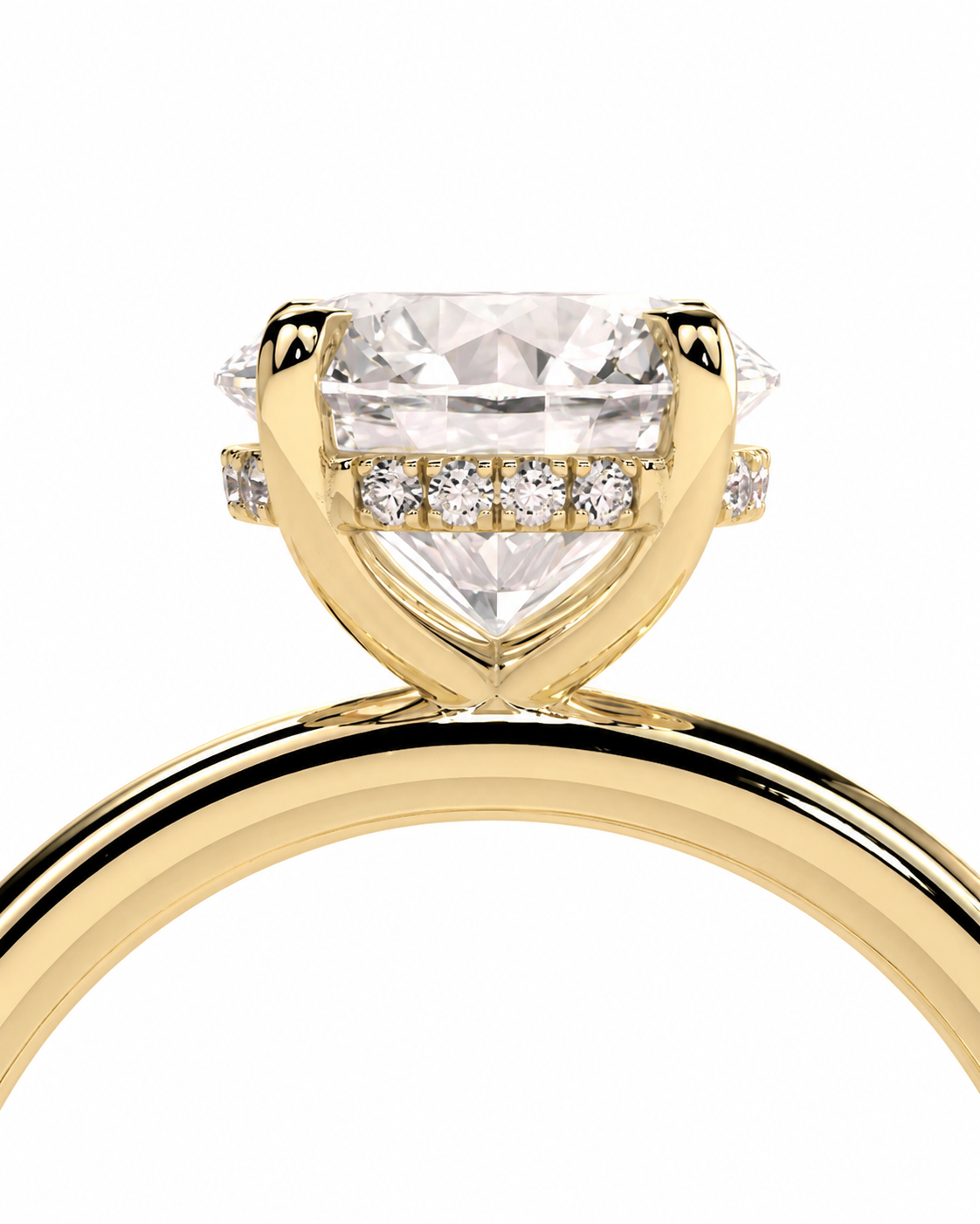 color_10K_YG, color_14K_YG &&Round moissanite engagement ring with hidden halo front view
