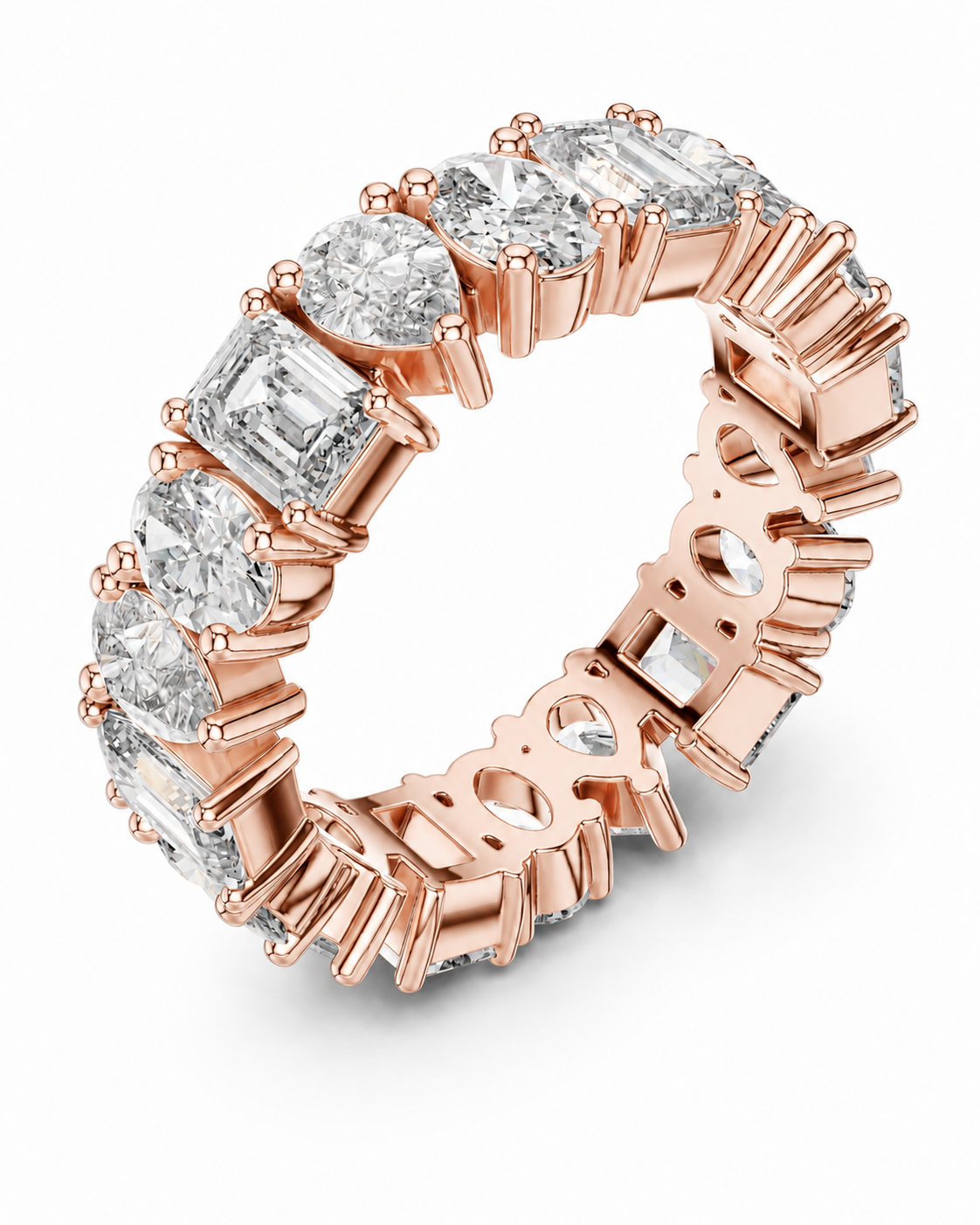 color_10K_RG, color_14K_RG &&	A rose gold eternity ring featuring a continuous row of round brilliant-cut and baguette-cut clear gemstones in a prong setting, shown on a clean white background.