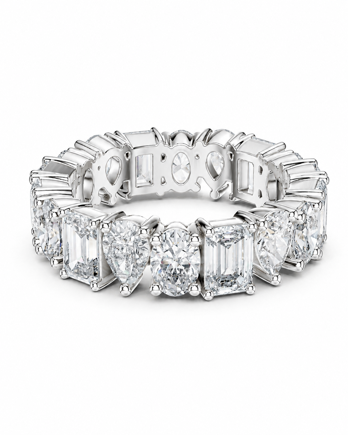 color_925_SIL,color_935_ARG,color_10K_WG, color_14K_WG &&	
A silver-toned diamond eternity ring featuring a continuous line of baguette, pear, and round-cut diamonds on a clean white background.