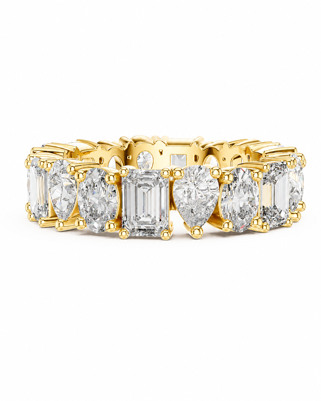 color_10K_YG, color_14K_YG &&	
A yellow gold eternity ring featuring a row of clear gemstones in baguette, pear, and marquise shapes, set against a plain white background.