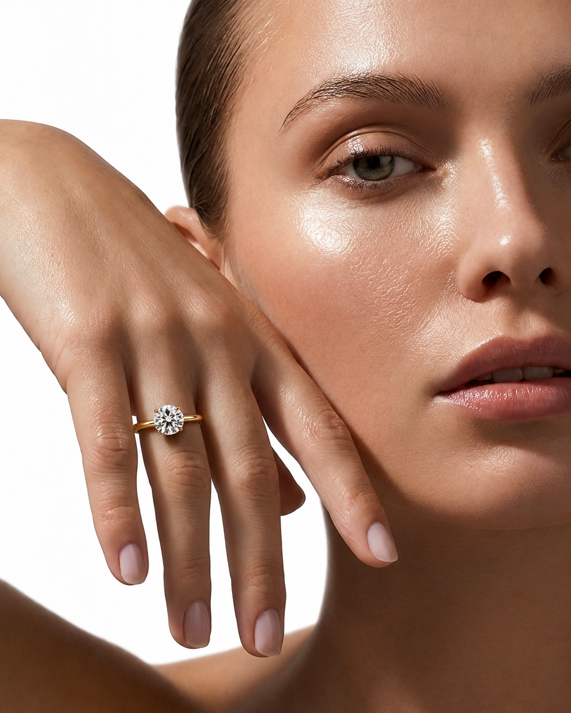 color_10K_YG, color_14K_YG &&solitaire ring showing hidden halo Round moissanite ring