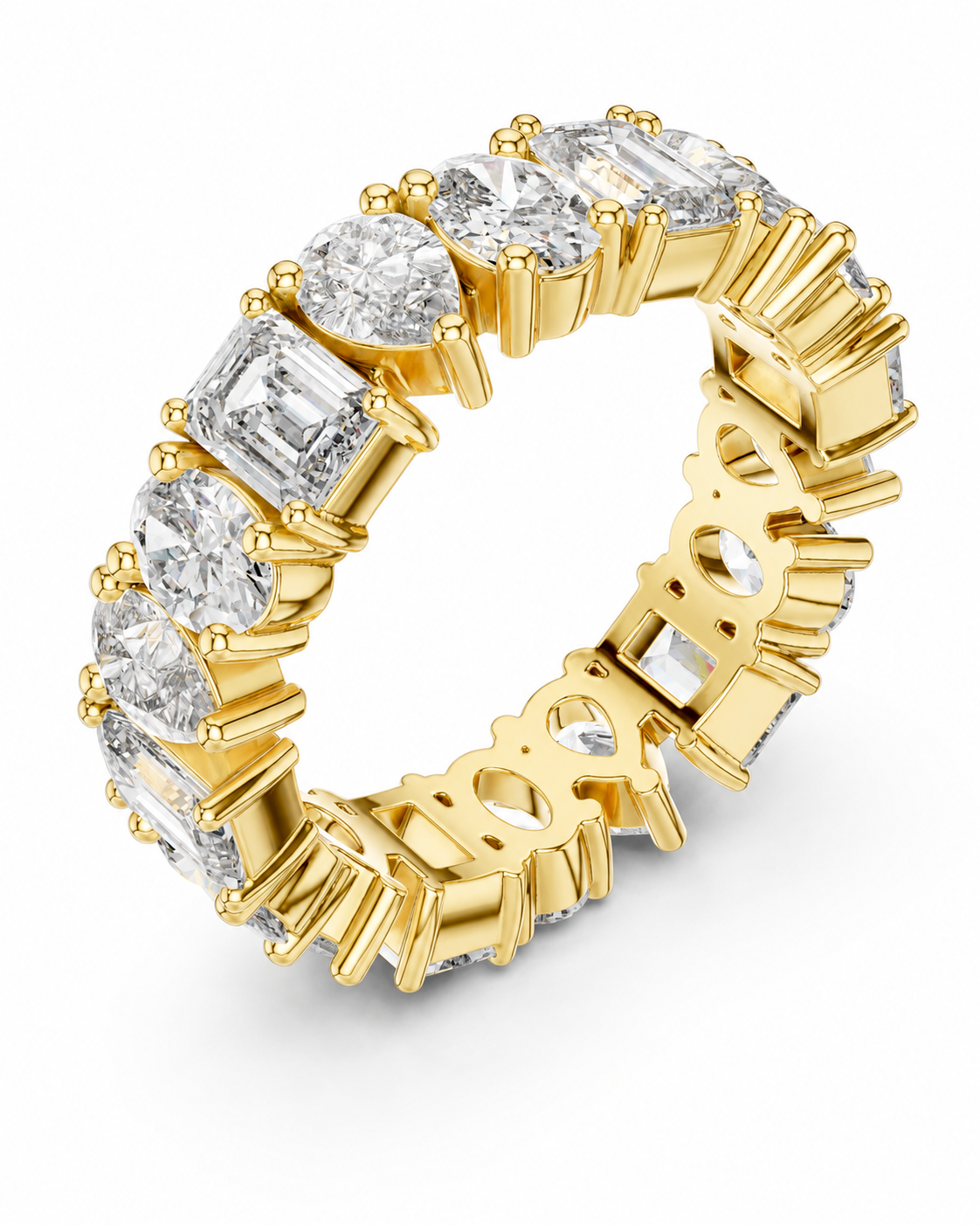 color_10K_YG, color_14K_YG &&	
A yellow gold eternity ring featuring a continuous row of round brilliant-cut and baguette-cut clear gemstones in a prong setting, shown on a clean white background.
