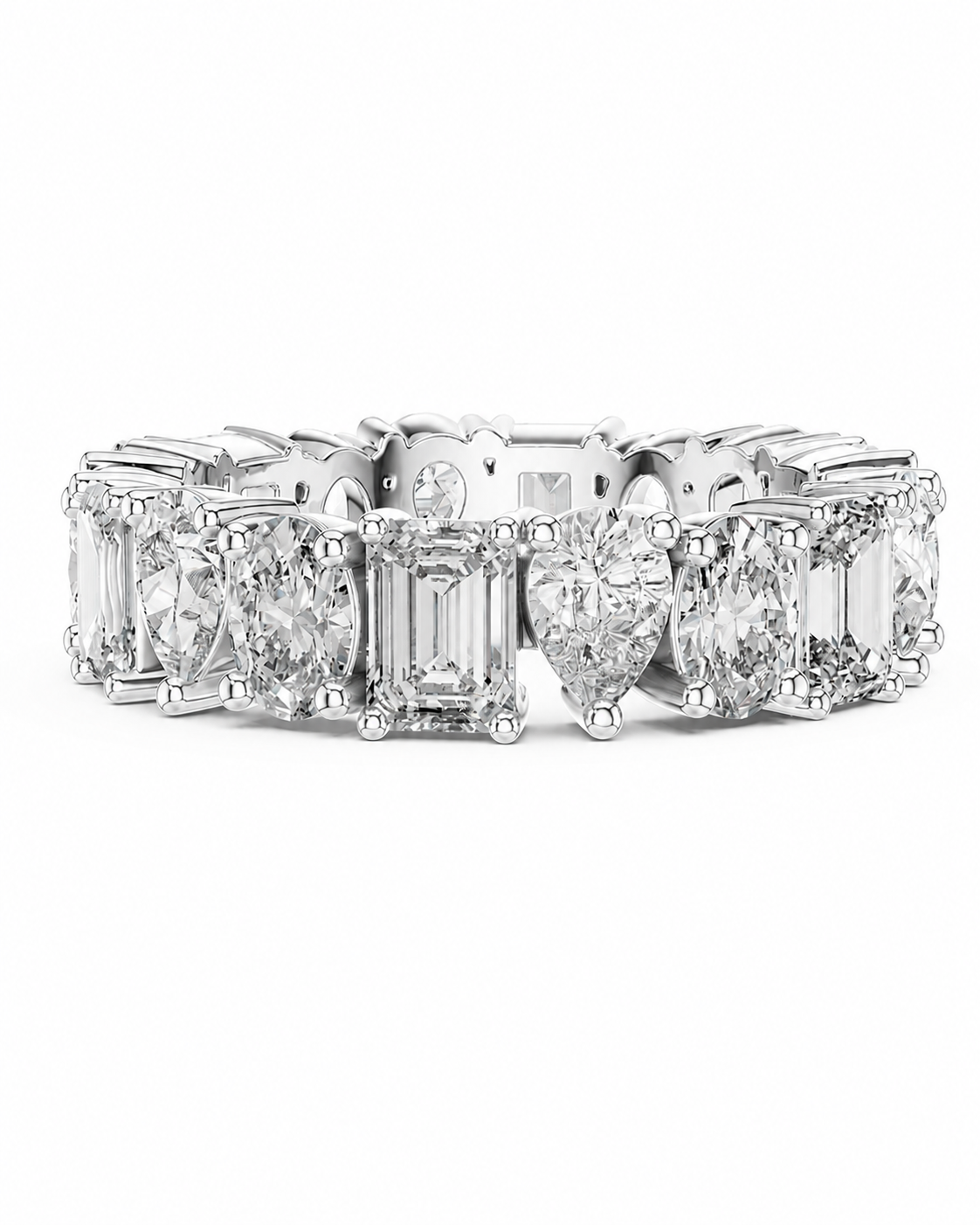 color_925_SIL,color_935_ARG,color_10K_WG, color_14K_WG &&	
A silver-toned diamond eternity band featuring a central heart-shaped diamond surrounded by baguette and round-cut diamonds, set against a plain white background.