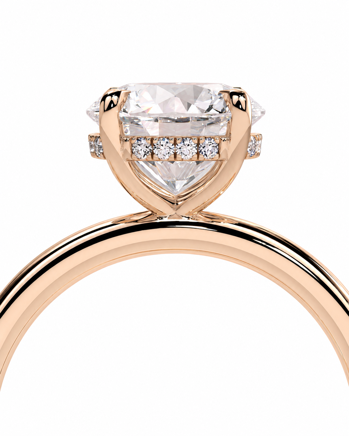 color_10K_RG, color_14K_RG &&Rose gold engagement ring featuring a large heart-shaped clear center stone in a prong setting, with a halo of small round diamonds along the band, shown on a white background.