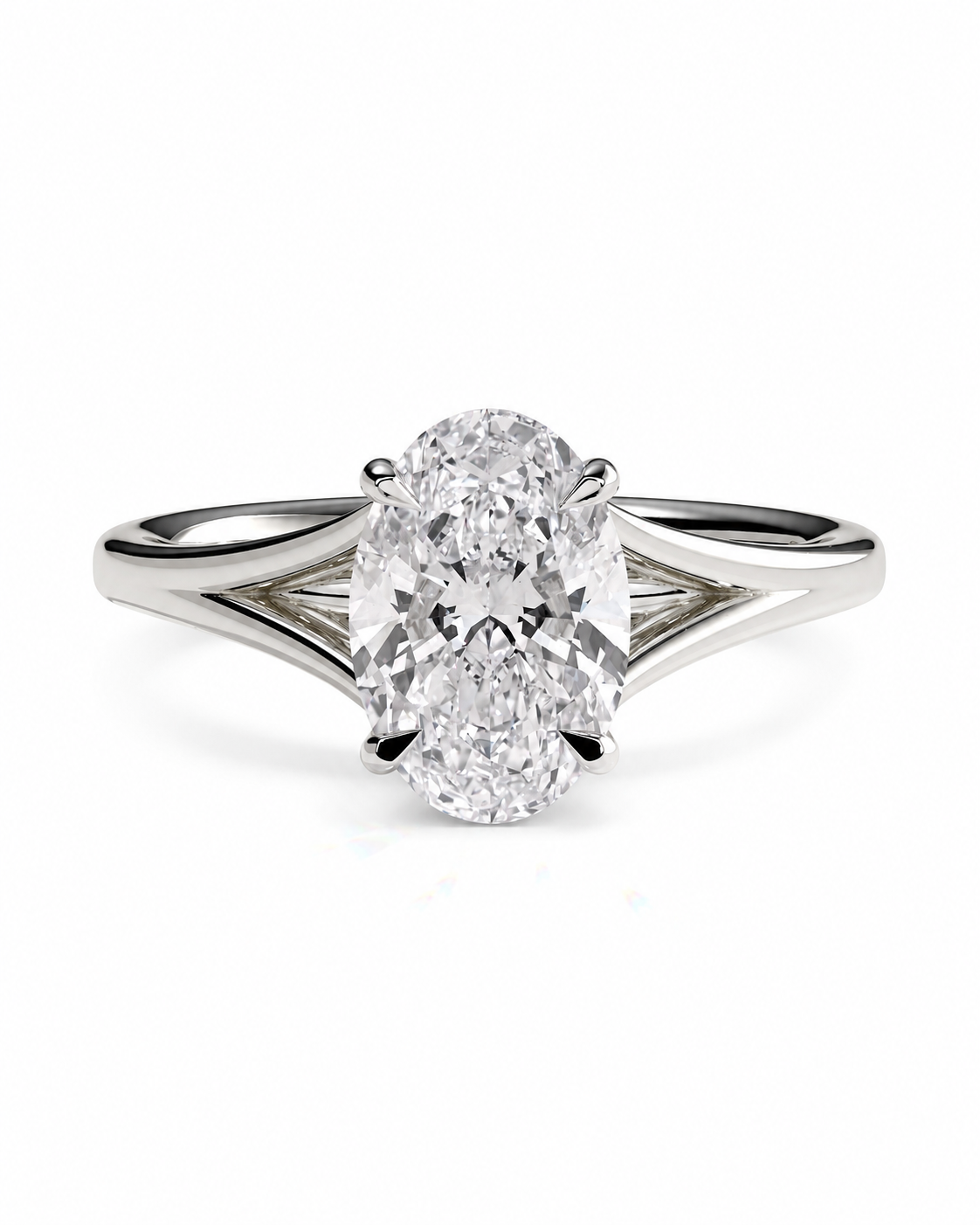 color_925_SIL,color_935_ARG,color_10K_WG, color_14K_WG &&An oval diamond engagement ring with a brilliant-cut center stone and a split shank band, shown on a clean white background.