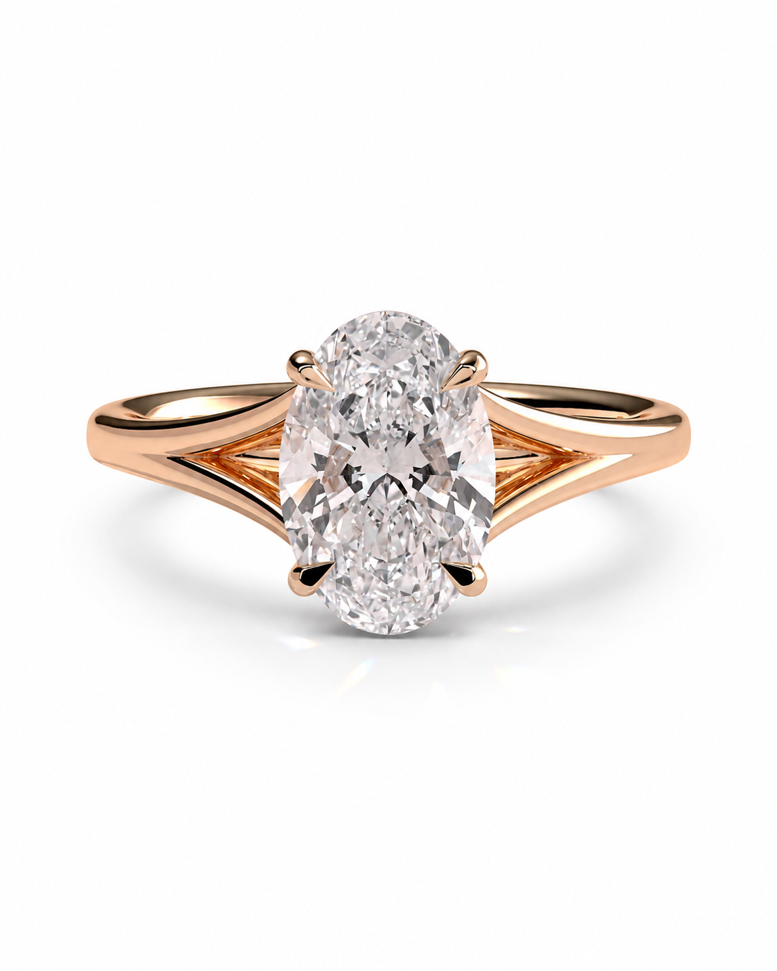 color_10K_RG, color_14K_RG &&An oval diamond engagement ring with a rose gold band, featuring a four-prong setting and a split shank design, shown on a clean white background.