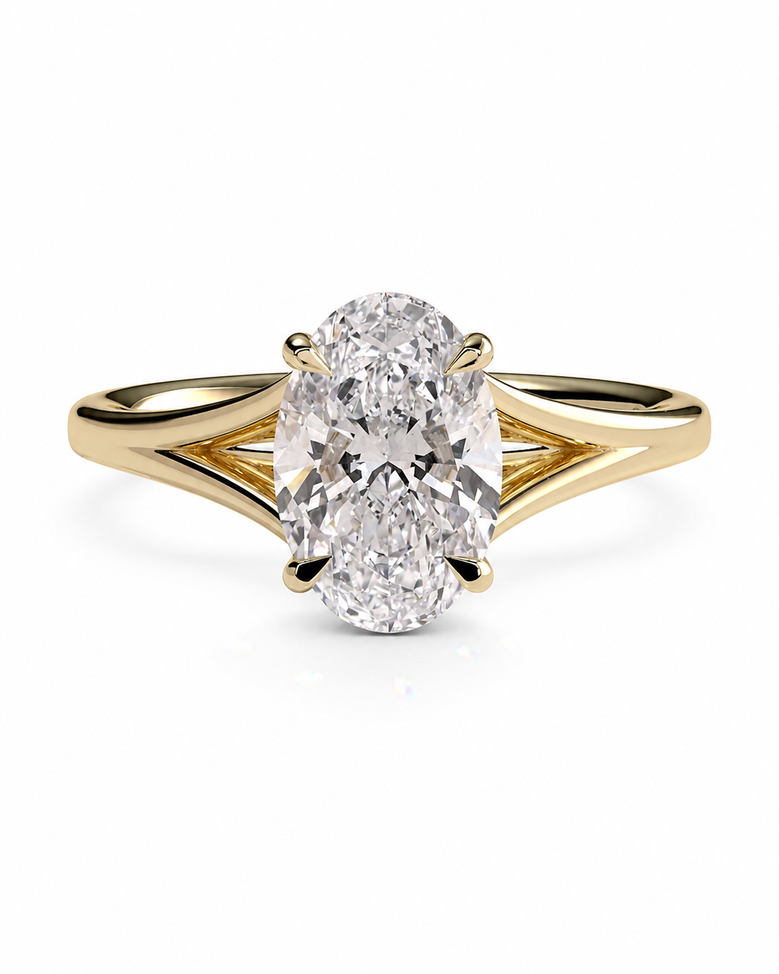 color_10K_YG, color_14K_YG &&Side view of oval moissanite engagement ring with open gallery

