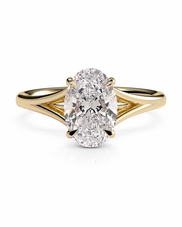 color_10K_YG, color_14K_YG &&Side view of oval moissanite engagement ring with open gallery
