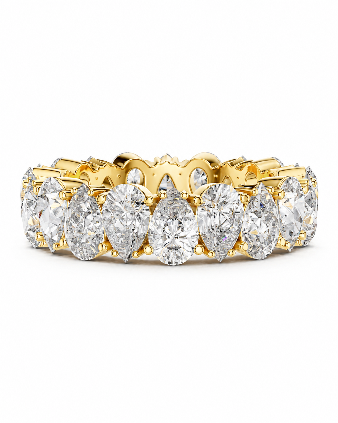 color_10K_YG, color_14K_YG &&	
A yellow gold eternity ring featuring a continuous row of brilliant-cut diamonds in marquise and round shapes, set against a clean white background.