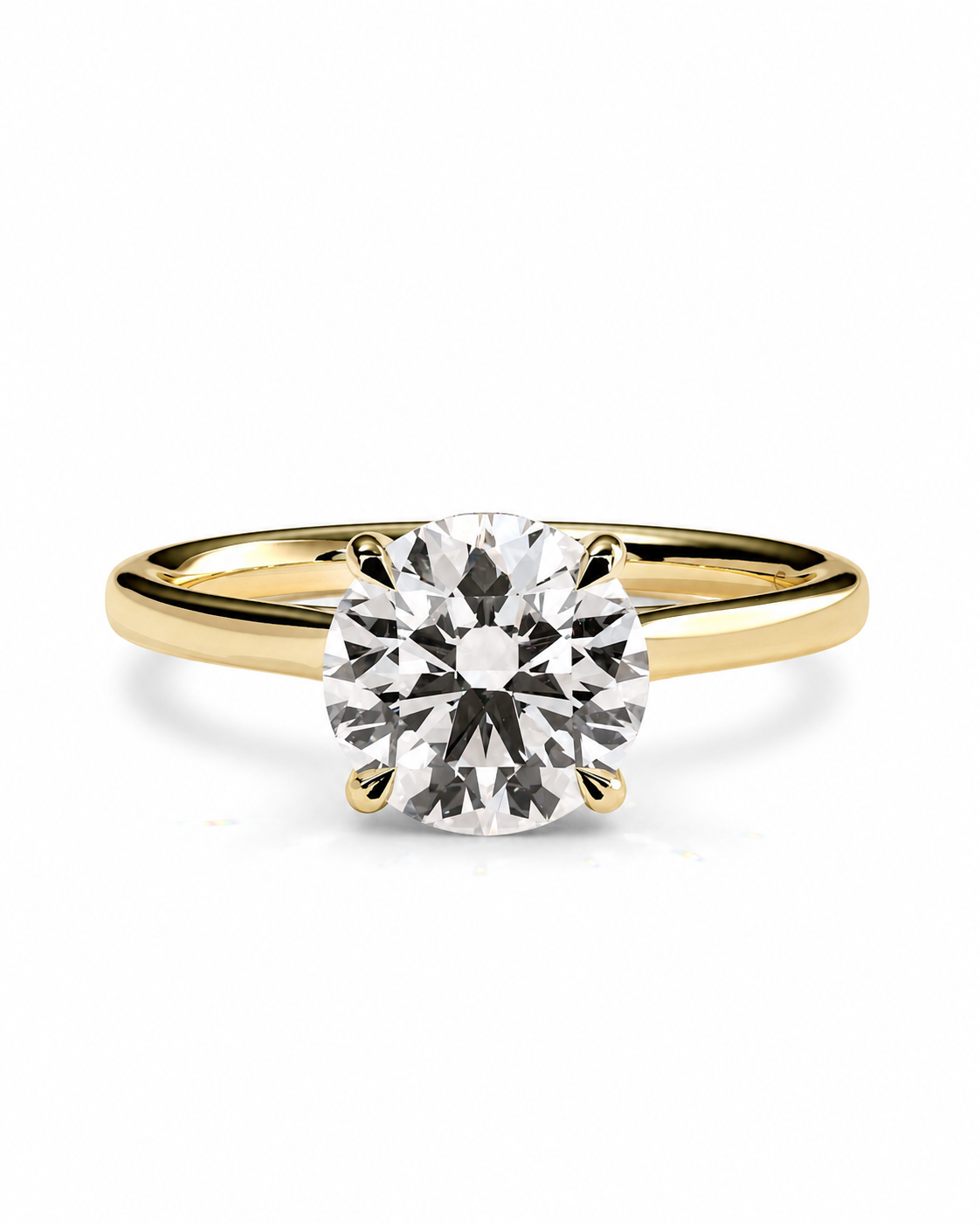 color_10K_YG, color_14K_YG &&Round moissanite solitaire engagement ring front view with four-prong setting
