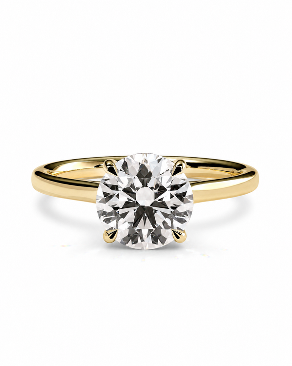 color_10K_YG, color_14K_YG &&Round moissanite solitaire engagement ring front view with four-prong setting
