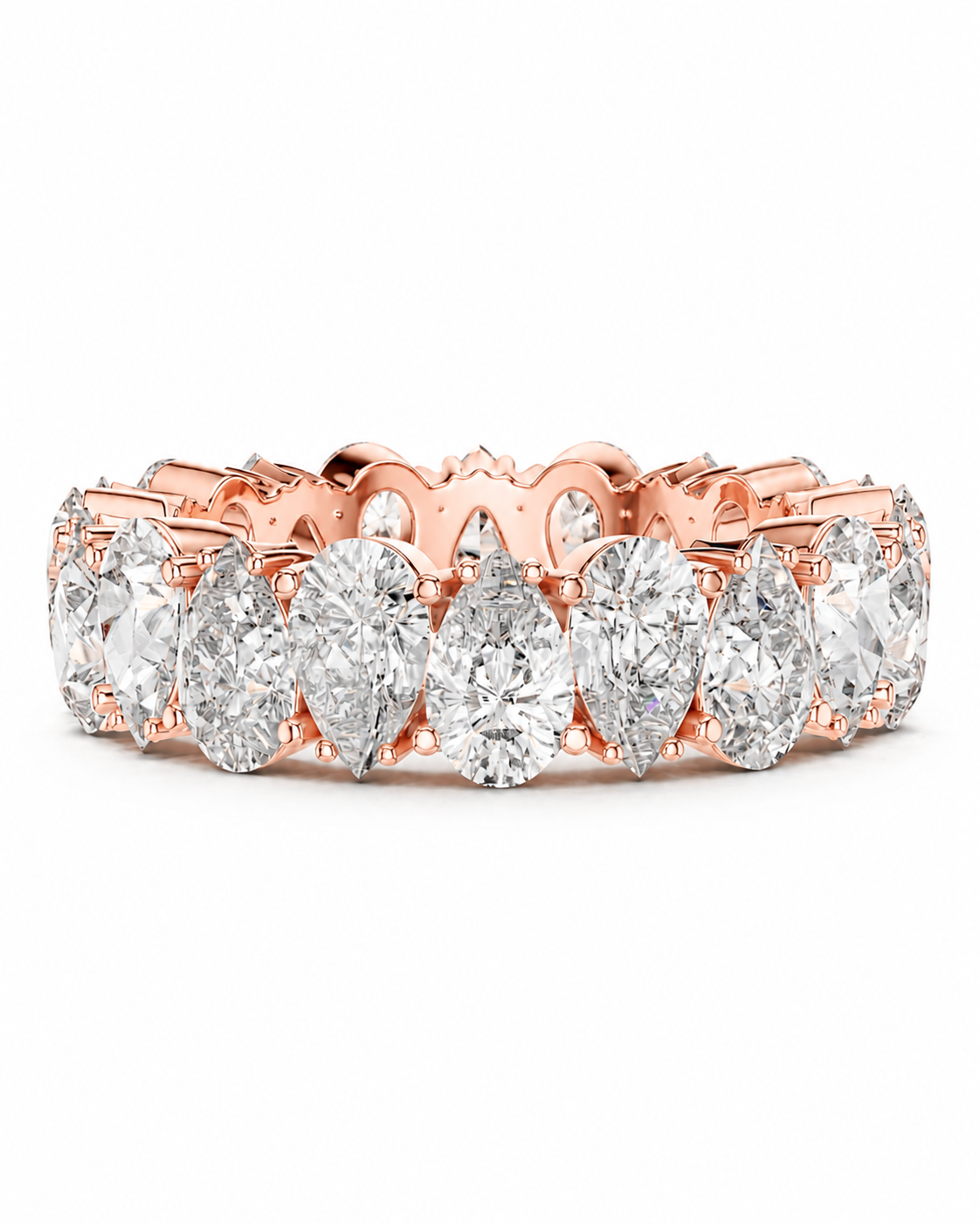 color_10K_RG, color_14K_RG &&	A rose gold eternity band featuring a row of marquise-cut clear gemstones in a prong setting, shown on a clean white background.