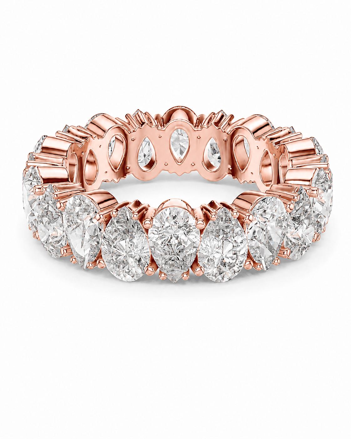 color_10K_RG, color_14K_RG &&	A rose gold eternity ring featuring a continuous row of marquise-cut clear gemstones in a prong setting, shown on a clean white background.