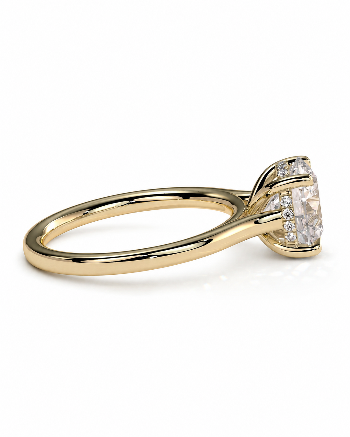 color_10K_YG, color_14K_YG &&Side profile of round moissanite solitaire engagement ring with open gallery
