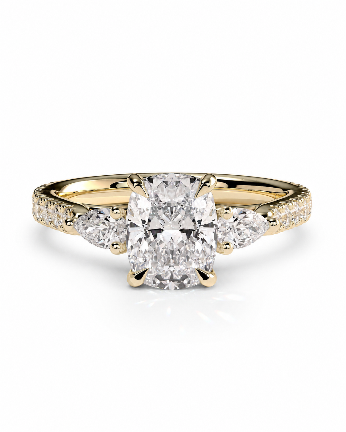 color_10K_YG, color_14K_YG &&Cushion moissanite three stone engagement ring with marquise side stones front view
