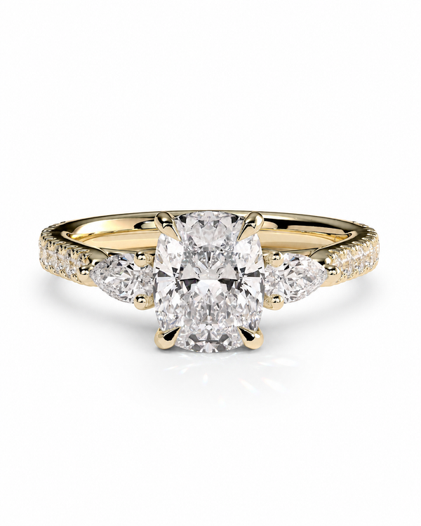 color_10K_YG, color_14K_YG &&Cushion moissanite three stone engagement ring with marquise side stones front view
