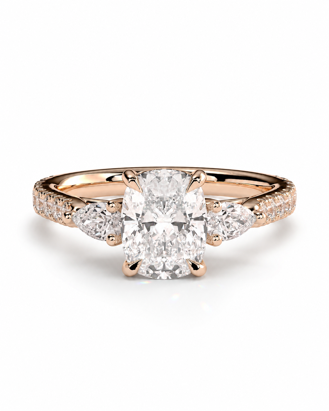 color_10K_RG, color_14K_RG &&A rose gold engagement ring featuring a large oval center diamond with smaller round and marquise side diamonds on a clean white background.