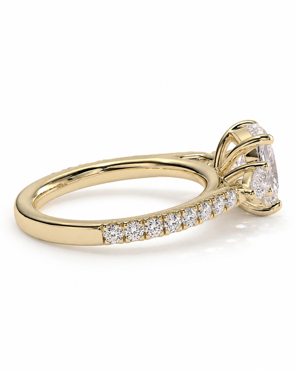 color_10K_YG, color_14K_YG &&Rear gallery view of cushion moissanite three stone engagement ring
